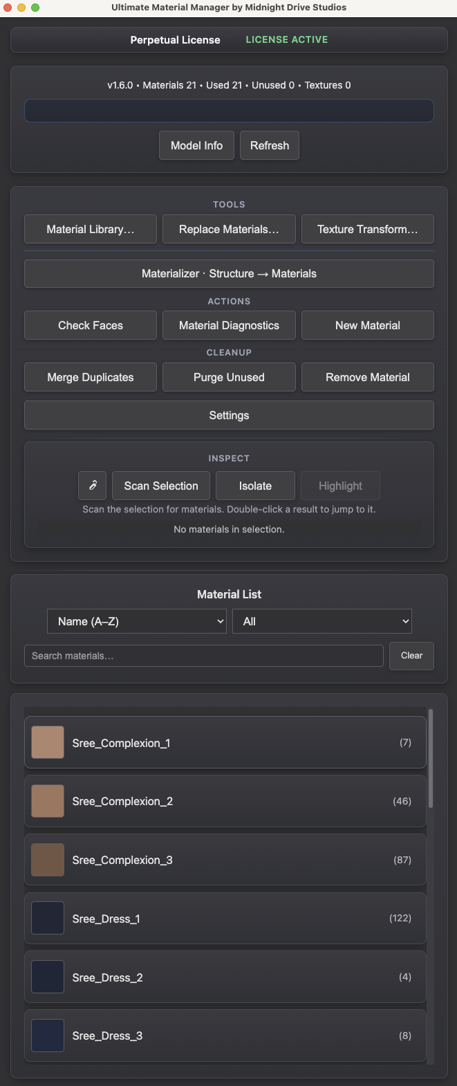 Ultimate Material Manager interface for SketchUp